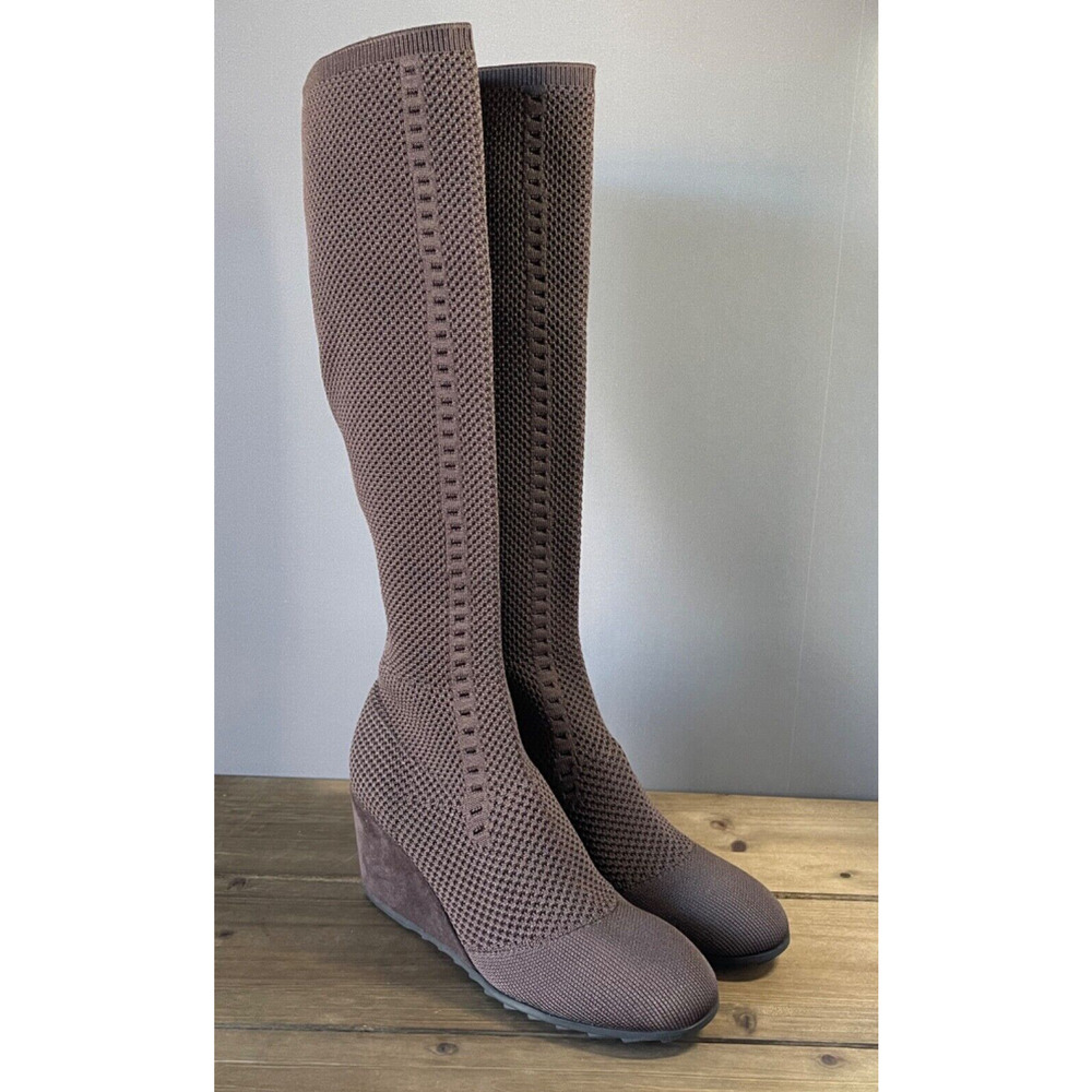 Elegant Brown Knit Knee-High Wedge Boots - Picture 2 of 10